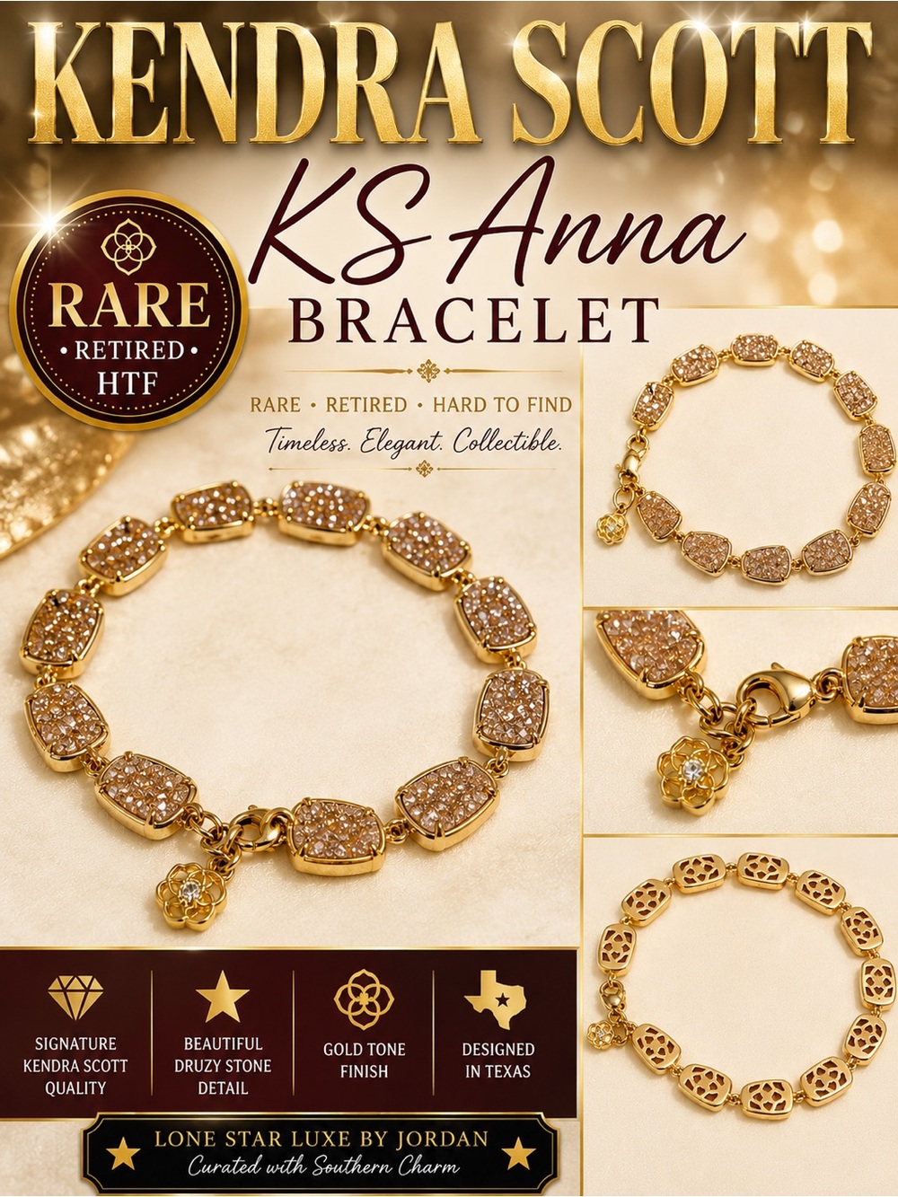 Kendra Scott Anna Druzy Gold Bracelet Rare Retired HTF Collector Piece